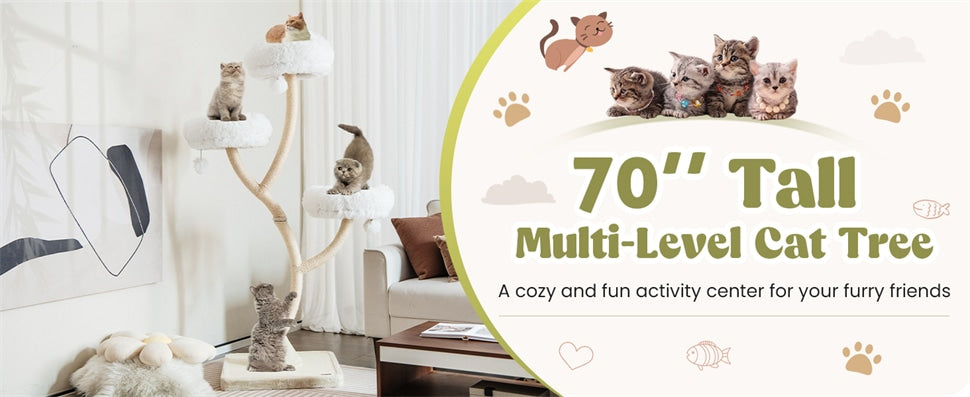 70" Tall Cat Tree Multi-Level Large Cat Tower with 3 Warm Perches, Scratching Posts, Board & 3 Jingling Balls for Large Cats Indoors