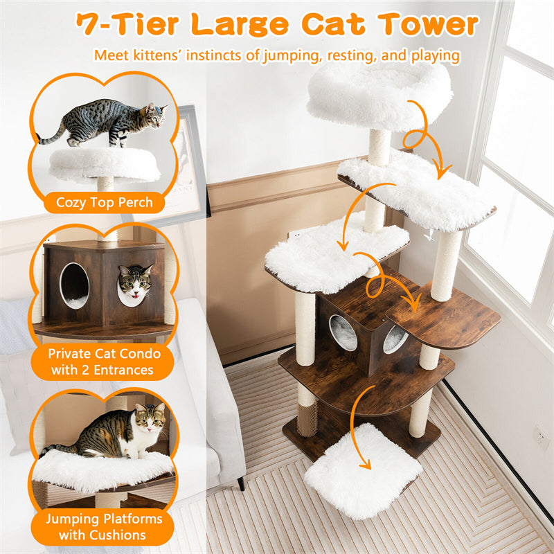 71" Tall Wood Modern Cat Tree Multi-Level Cat Tower with Plush Perch, Cozy Condo, Scratching Posts, Cushions & Cat Self Groomer