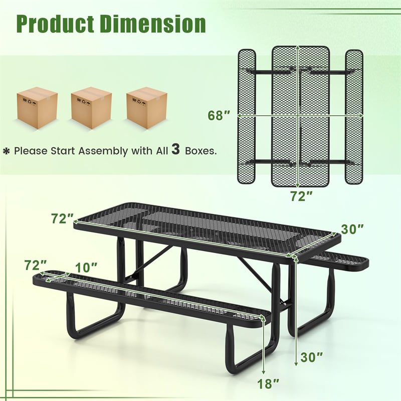 72" Expanded Metal Picnic Table Bench Set for 8, Large Rectangular Outdoor Dining Table Thermoplastic Coated Steel Commercial Picnic Table for Garden Yard