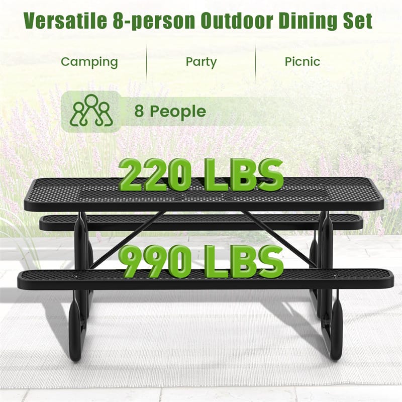 72" Expanded Metal Picnic Table Bench Set for 8, Large Rectangular Outdoor Dining Table Thermoplastic Coated Steel Commercial Picnic Table for Garden Yard