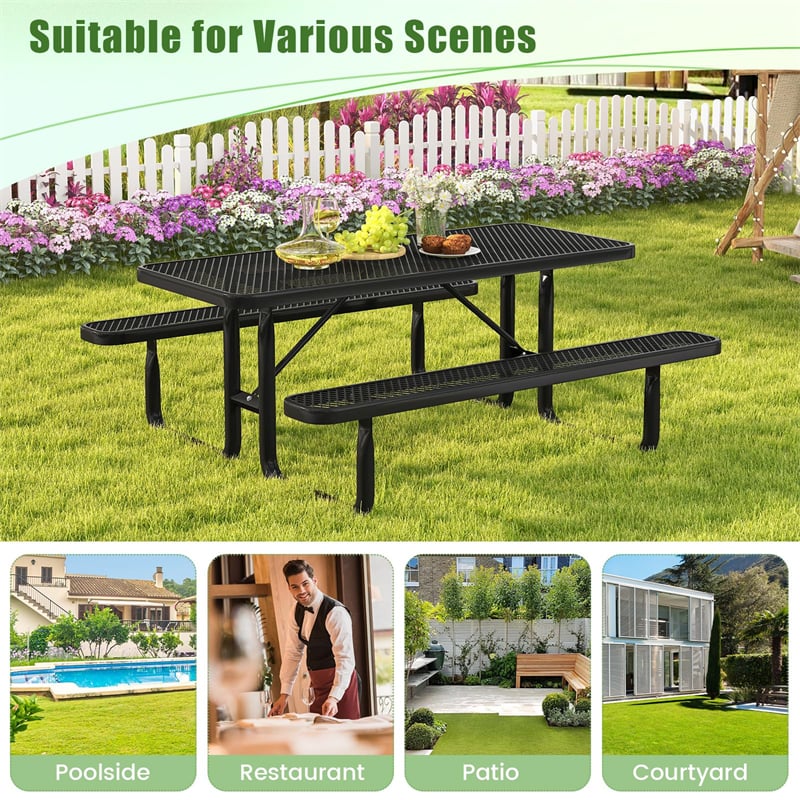 72" Expanded Metal Picnic Table Bench Set for 8, Large Rectangular Outdoor Dining Table Thermoplastic Coated Steel Commercial Picnic Table for Garden Yard