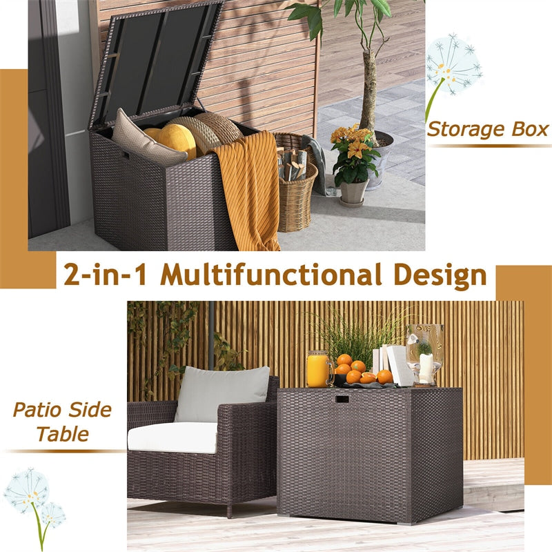 72 Gallon Square Wicker Deck Box Rattan Patio Storage Container Cushions Storage Box with Waterproof Zippered Liner & Safe Pneumatic Rod