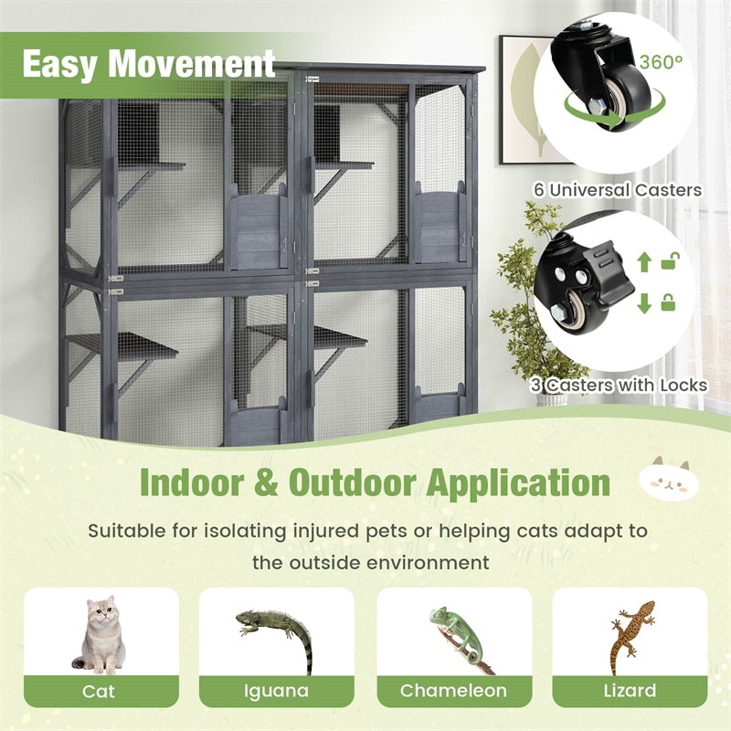 72" Tall Wooden Catio Outdoor Cat Enclosure Large Cat House Walk-in Cat Condo Cage Kitten Playpen with Weatherproof Asphalt Roof & Wheels