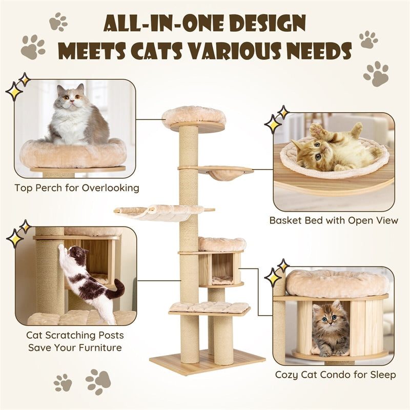 75" Modern Wood Cat Tree Multi-Level Large Cat Tower with Washable Mat Cat Condo Scratching Posts Hammocks & Basket Bed