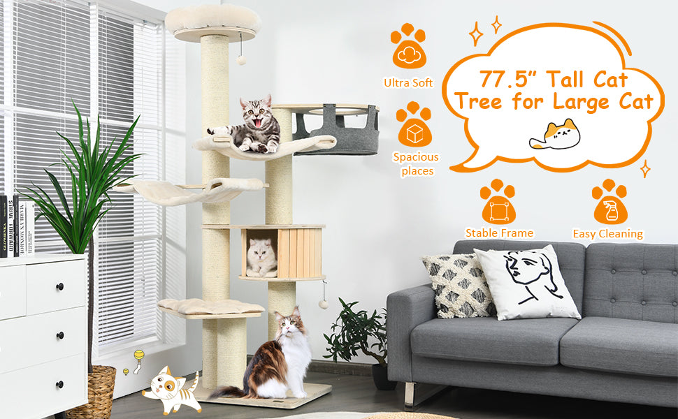 77.5" Tall Cat Tree Condo Multi-Level Large Kitten Tower with Sisal Posts, Hammocks, Hanging Basket & Washable Cushions