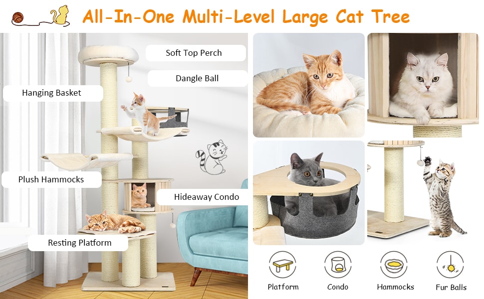 77.5" Tall Cat Tree Condo Multi-Level Large Kitten Tower with Sisal Posts, Hammocks, Hanging Basket & Washable Cushions