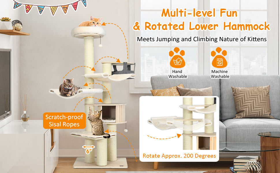 77.5" Tall Cat Tree Condo Multi-Level Large Kitten Tower with Sisal Posts, Hammocks, Hanging Basket & Washable Cushions