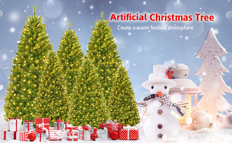 7FT Pre-lit Artificial Christmas Tree Hinged Xmas Tree 1570 PVC Branch 11 Flash Modes 400 LED Lights