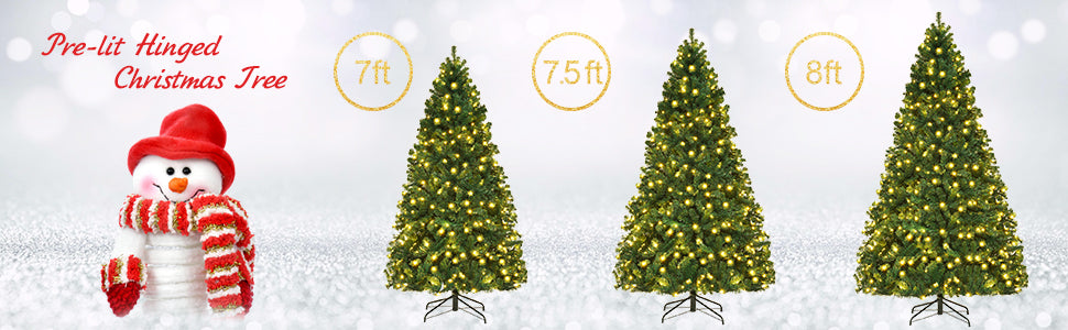 7FT Pre-Lit Hinged Spruce PVC Artificial Christmas Tree with 300 LED Lights