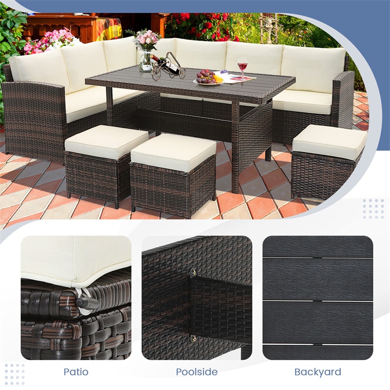 7 PCS Outdoor Wicker Sectional Furniture Set Patio Conversation Sofa Set with Coffee Table, Ottomans& Cushions