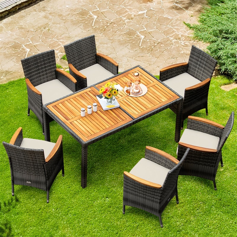 7 Pcs Outdoor Rattan Dining Furniture Set with Acacia Wood Table & 6 Cushioned Chairs