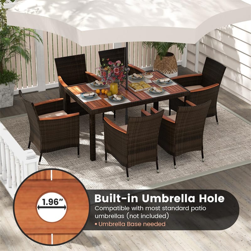 7 Piece Outdoor Wicker Dining Set Patio Rattan Dining Furniture Set with Acacia Wood Table, Umbrella Hole, 6 Stackable Chairs, Cushions