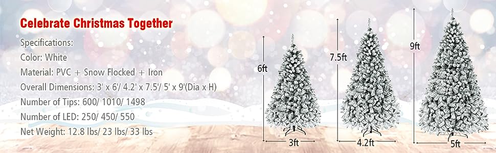 7.5ft Pre-Lit Artificial Christmas Tree Snow Flocked Tree with LED Lights & Metal Stand
