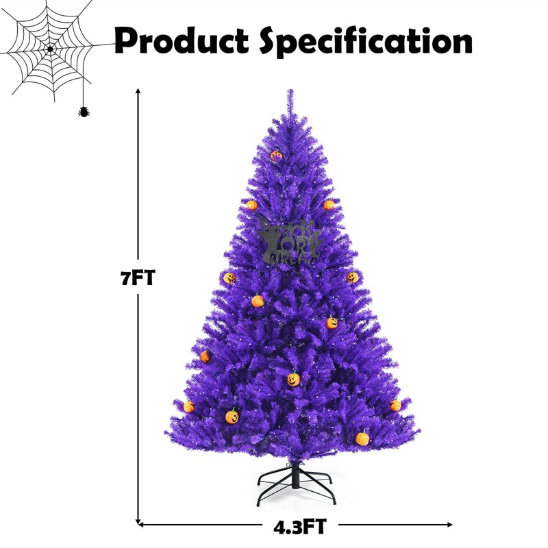 7' Artificial Prelit Purple Halloween Tree with Orange Lights and Pumpkin Ornaments