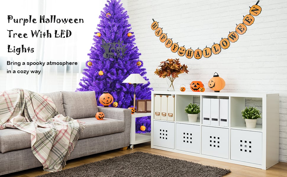 7' Artificial Prelit Purple Halloween Tree with Orange Lights and Pumpkin Ornaments