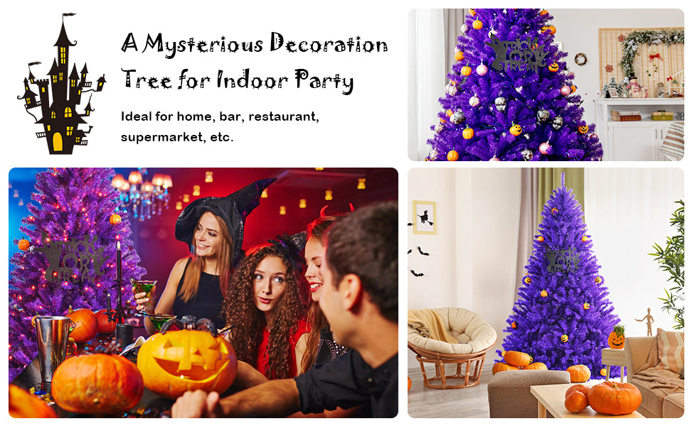 7' Artificial Prelit Purple Halloween Tree with Orange Lights and Pumpkin Ornaments