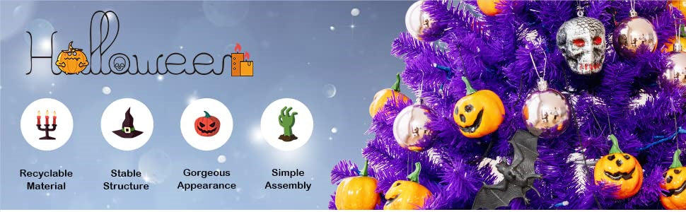 7' Artificial Prelit Purple Halloween Tree with Orange Lights and Pumpkin Ornaments