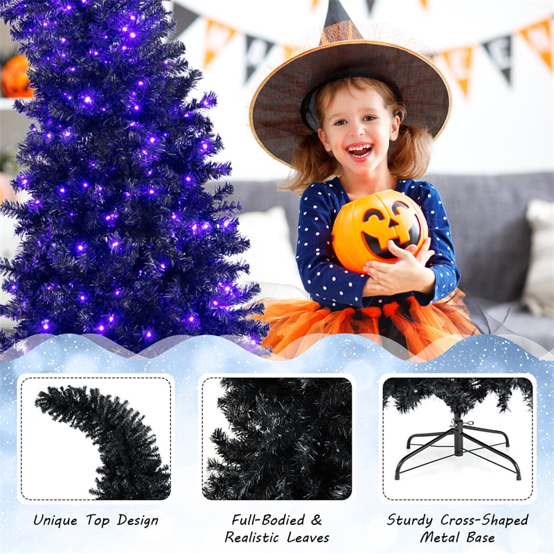 7Ft Pre-Lit Black Halloween Tree Hinged Artificial Christmas Tree with 1050 Tips & 8 Flash Modes 400 Lights