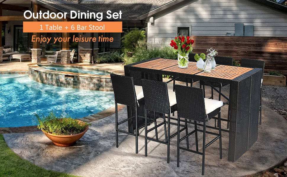 7 Piece Rattan Outdoor Dining Set Wicker Patio Furniture Set with Acacia Wood Bar Table & Cushions