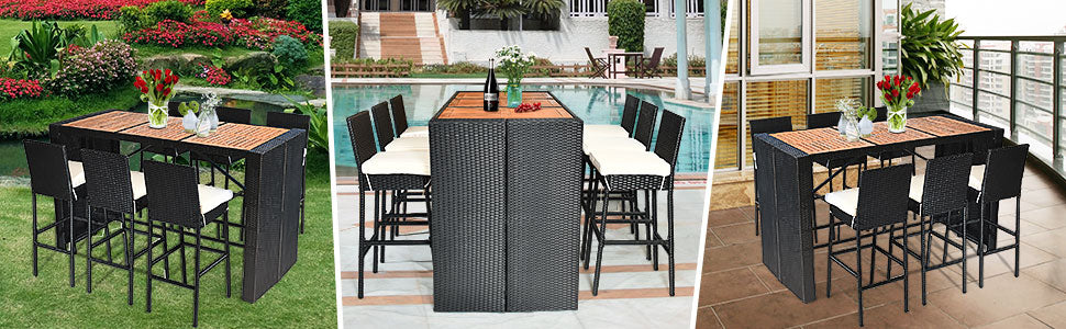 7 Piece Rattan Outdoor Dining Set Wicker Patio Furniture Set with Acacia Wood Bar Table & Cushions