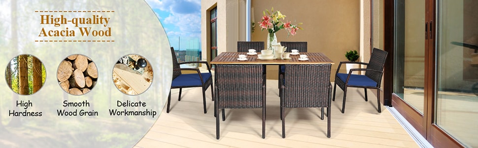 7 Pieces Acacia Wood Wicker Patio Dining Set with Cushions & Umbrella Hole