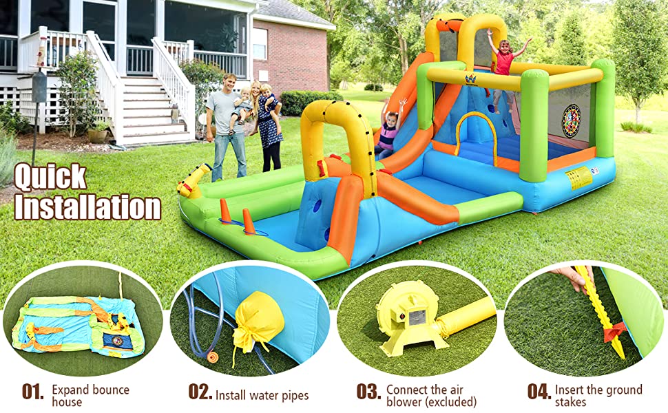 7 In 1 Inflatable Water Slide Park Kids Bounce House with 950W Air Blower for Backyard