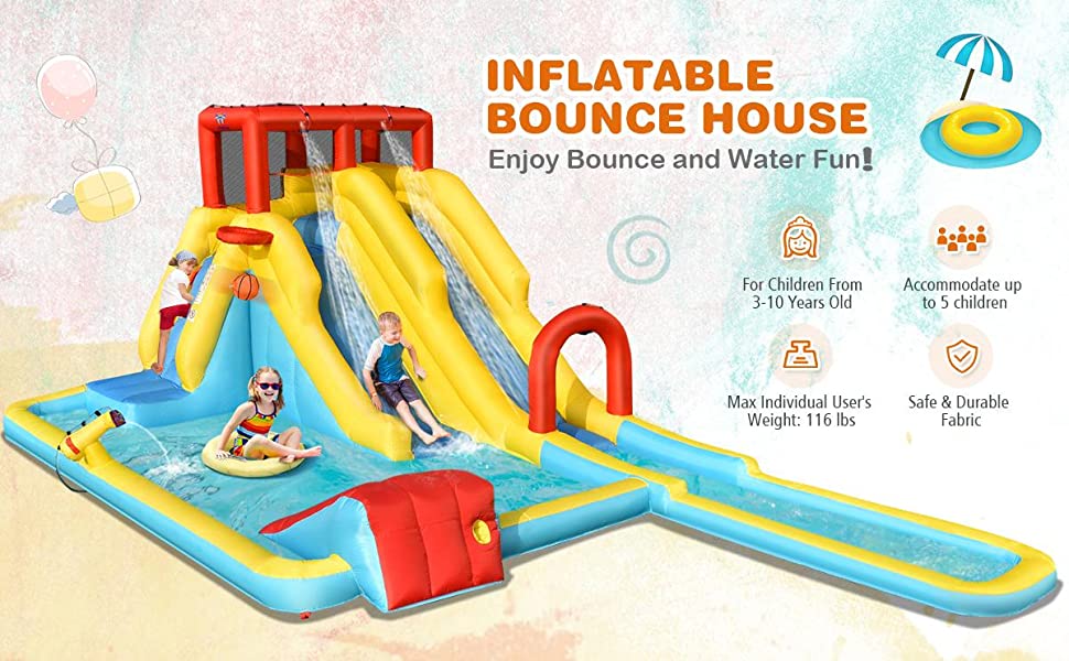 7 in 1 Kids Inflatable Double Long Water Slide Bouncer Park without Blower