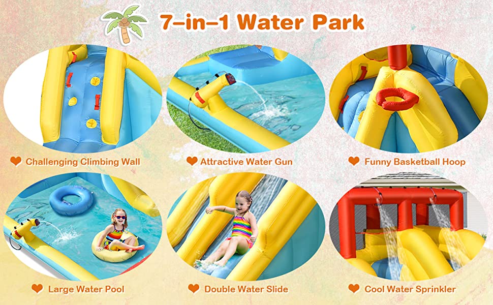 7 in 1 Kids Inflatable Double Long Water Slide Bouncer Park without Blower