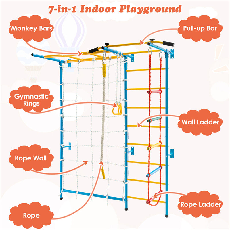 7-in-1 Climbing Toys Toddlers Kids Indoor Jungle Gym Steel Swedish Ladder Wall Set with Pull-up Bar & Gymnastic Rings