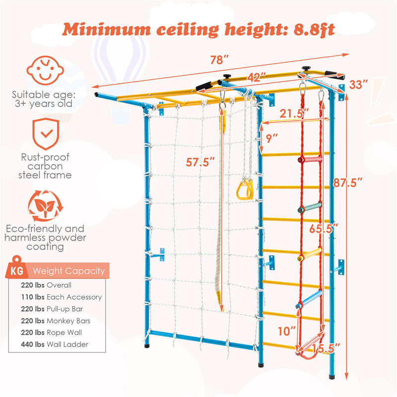 7-in-1 Climbing Toys Toddlers Kids Indoor Jungle Gym Steel Swedish Ladder Wall Set with Pull-up Bar & Gymnastic Rings