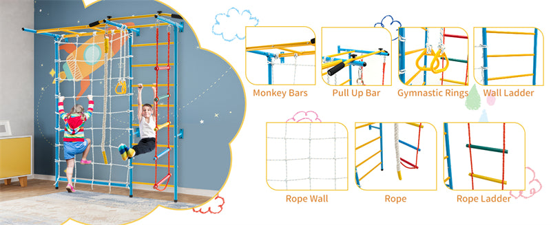 7-in-1 Climbing Toys Toddlers Kids Indoor Jungle Gym Steel Swedish Ladder Wall Set with Pull-up Bar & Gymnastic Rings