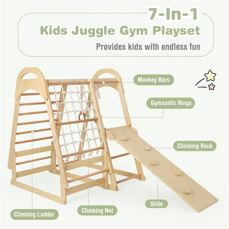 7-in-1 Toddler Climbing Toys Wooden Montessori Kids Indoor Playground Jungle Gym with Slide, Climbing Net & Removable Tent