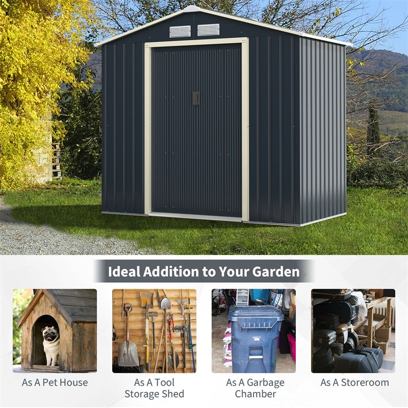 7’ x 4’ Outdoor Metal Storage Shed with 4 Vents & Sliding Double Lockable Doors for Garden Backyard
