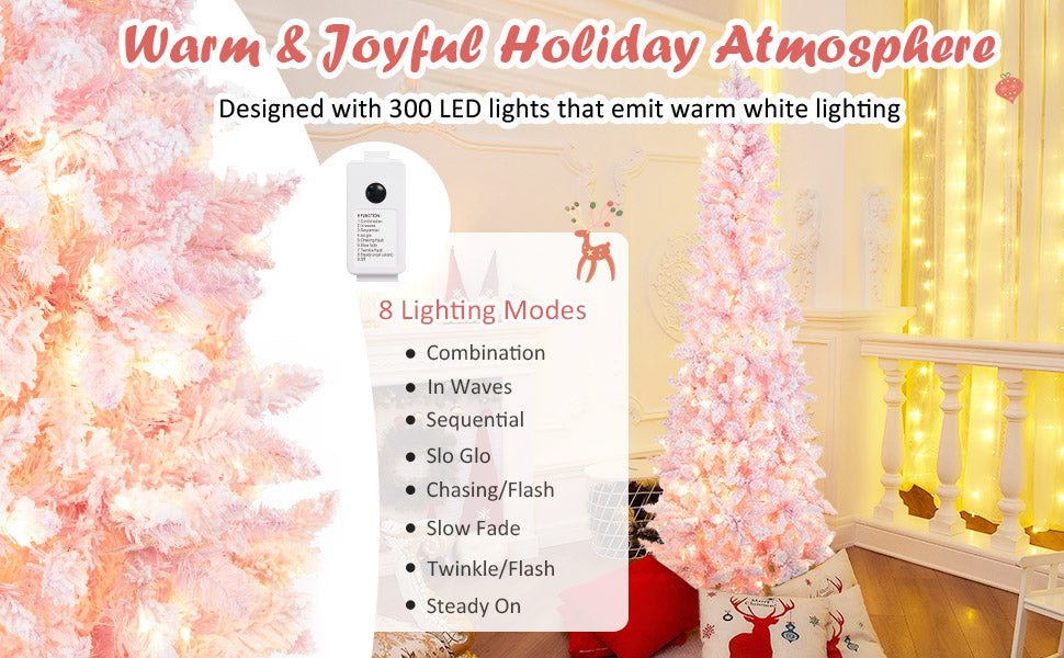 7ft Pre-Lit Pencil Christmas Tree Snow Flocked Hinged Xmas Tree with 800 Branch Tips 300 LED Lights 8 Lighting Modes