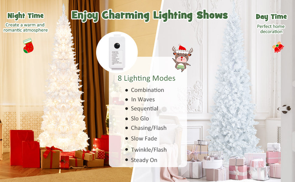 7ft White Pre-Lit Pencil Christmas Tree Hinged Slim Artificial Tree with 800 Branch Tips 300 Lights 8 Lighting Modes