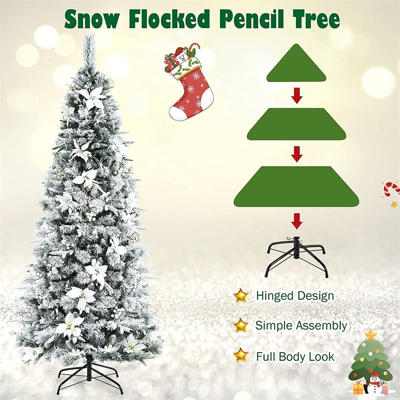 7ft Snow Flocked Pencil Artificial Christmas Tree Holiday Decoration