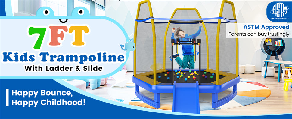 7 FT Kids Recreational Trampoline Outdoor Indoor Toddler Trampoline with Slide Ocean Balls Ladder & Safety Enclosure Net