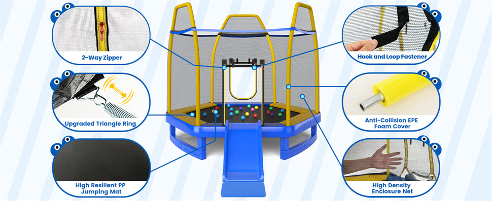 7 FT Kids Recreational Trampoline Outdoor Indoor Toddler Trampoline with Slide Ocean Balls Ladder & Safety Enclosure Net