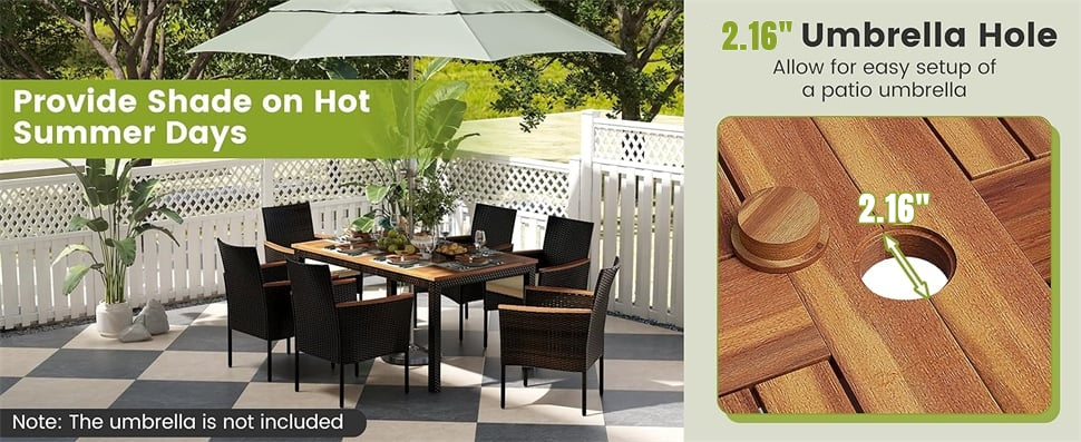 7 Piece Patio Dining Set PE Rattan Outdoor Dining Furniture Set for 6 with Stackable Wicker Chairs, Acacia Wood Table, Umbrella Hole & Seat Cushions