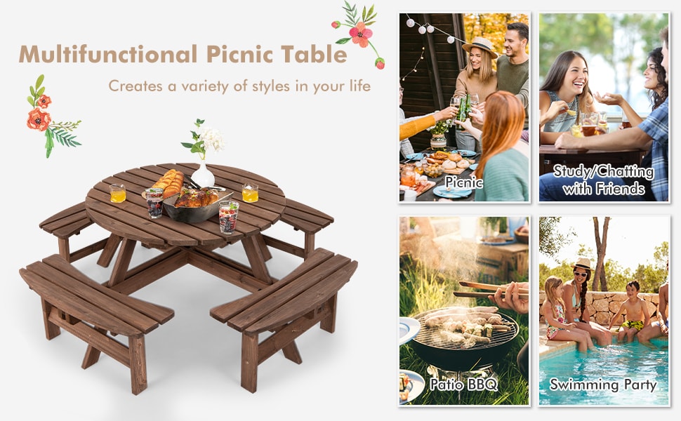 8-Person Wood Patio Picnic Dining Table Bench Set with Umbrella Hole for Garden Yard