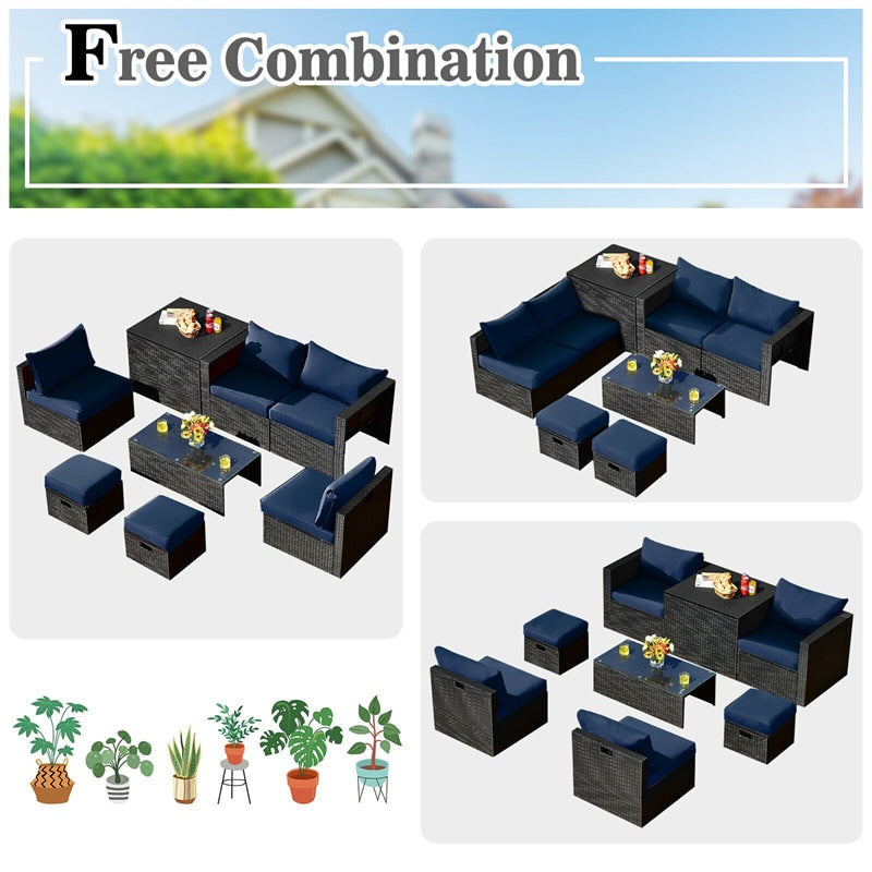 8-Piece Rattan Outdoor Furniture Set Patio Conversation Set with Storage Box & Cover