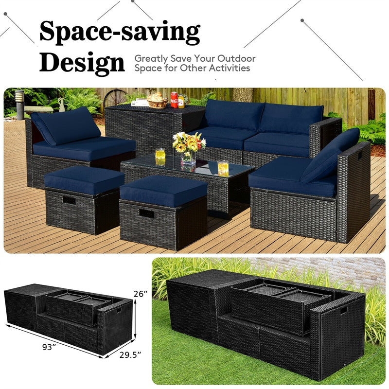 8-Piece Rattan Outdoor Furniture Set Patio Conversation Set with Storage Box & Cover