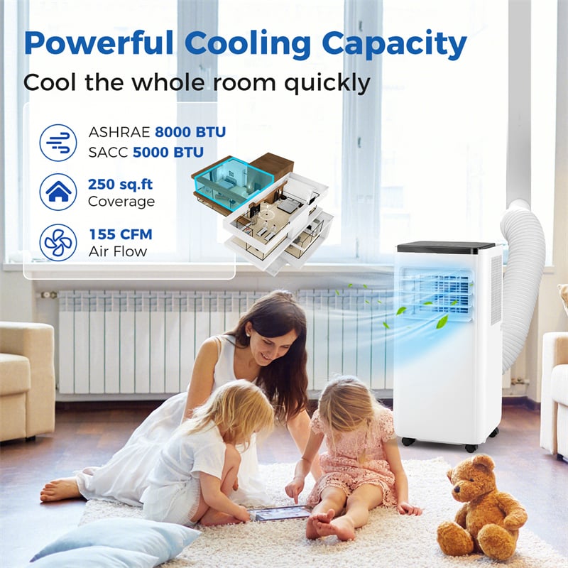 8000BTU Portable Air Conditioner Cools up to 250Sq.Ft 3-in-1 AC Unit Fan Dehumidifier with Sleep Mode, Remote Control, Installation Kit