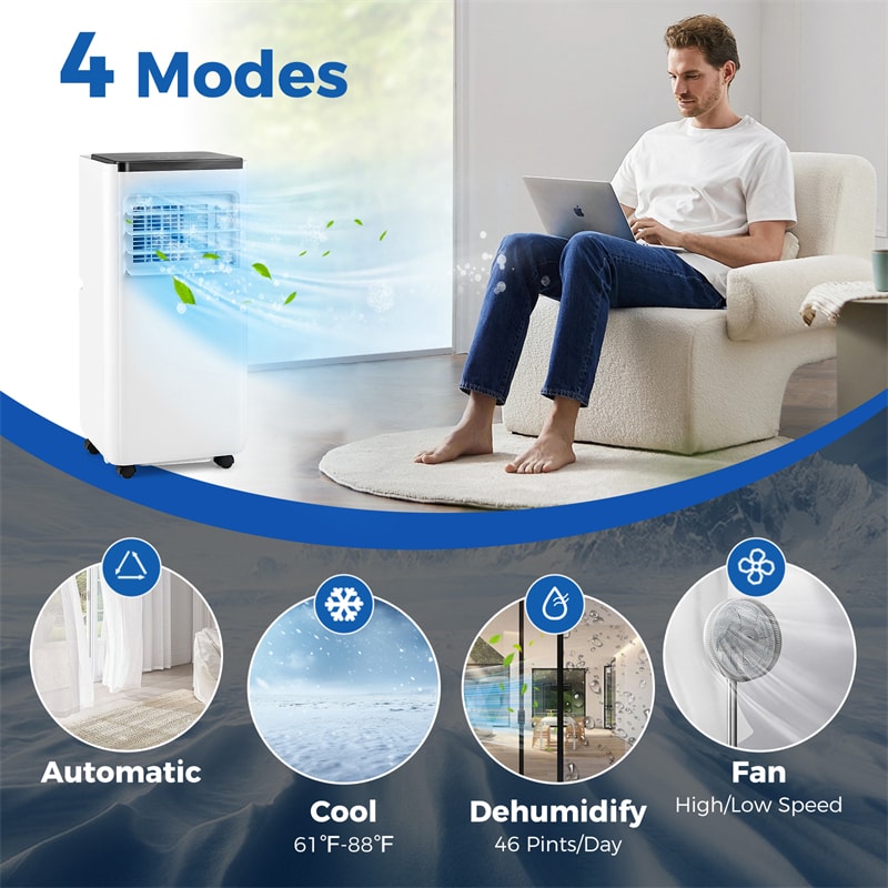 8000BTU Portable Air Conditioner Cools up to 250Sq.Ft 3-in-1 AC Unit Fan Dehumidifier with Sleep Mode, Remote Control, Installation Kit