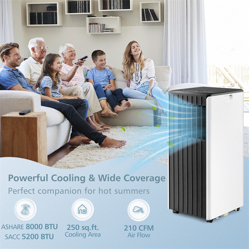 8000 BTU Portable Air Conditioner 3-in-1 AC Cooling Unit with Dehumidifier, Remote Control & Window Kit