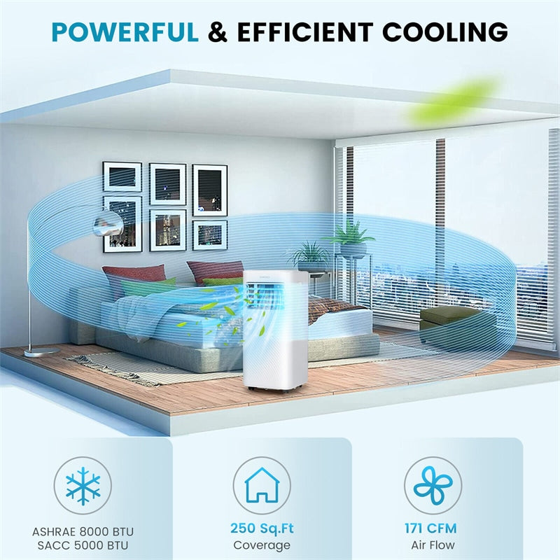 8000 BTU Portable Air Conditioner 4-in-1 AC Unit Cooling Fan Dehumidifier with Sleep Mode Remote Control & Window Kit Child Lock