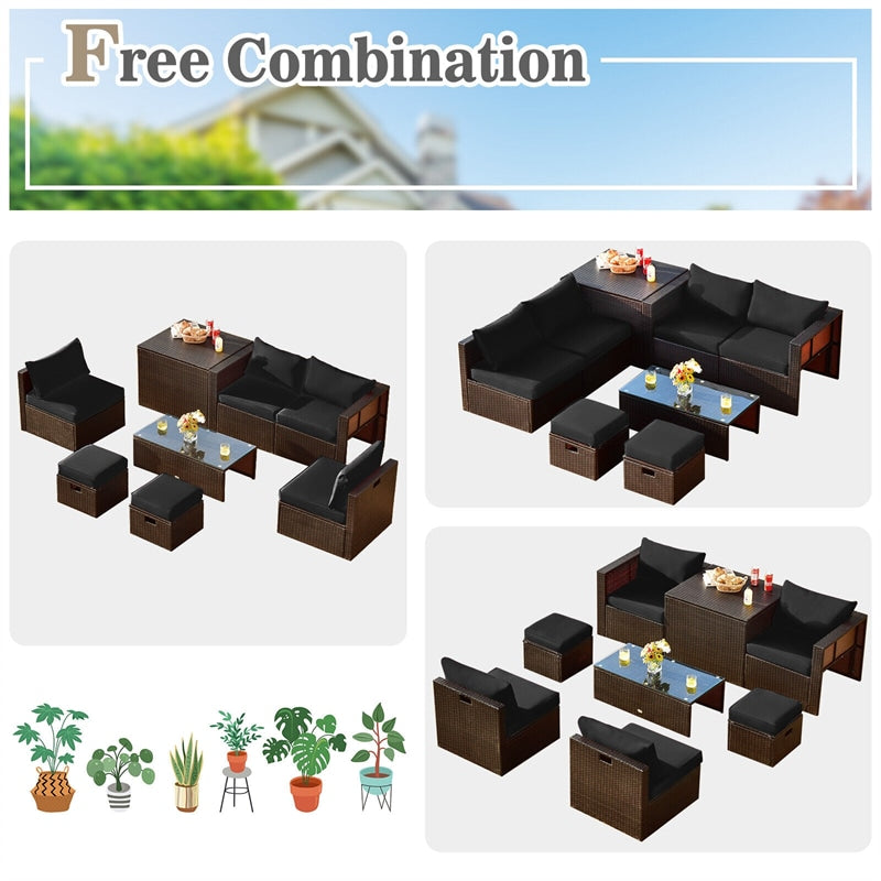 8 Piece Space-saving Patio PE Rattan Furniture Set with Storage Box & Waterproof Cover