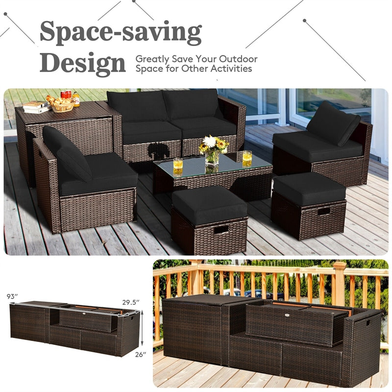 8 Piece Space-saving Patio PE Rattan Furniture Set with Storage Box & Waterproof Cover