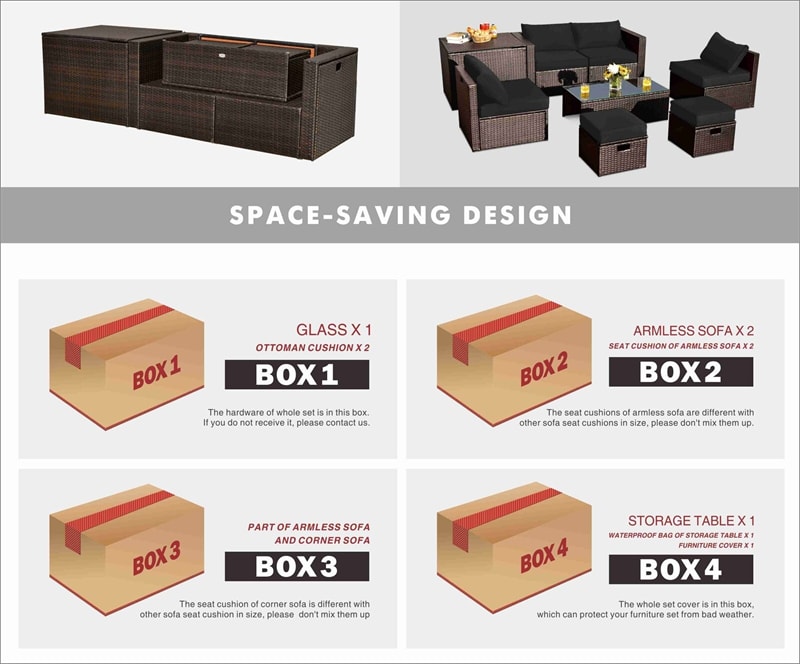 8 Piece Space-saving Patio PE Rattan Furniture Set with Storage Box & Waterproof Cover
