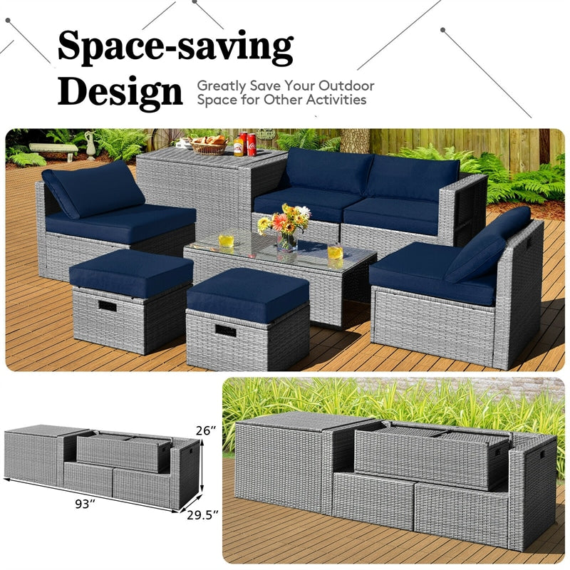 8 Pieces Outdoor Rattan Furniture Set Patio Wicker Sectional Conversation Sofa Set with Storage Box and Cushions